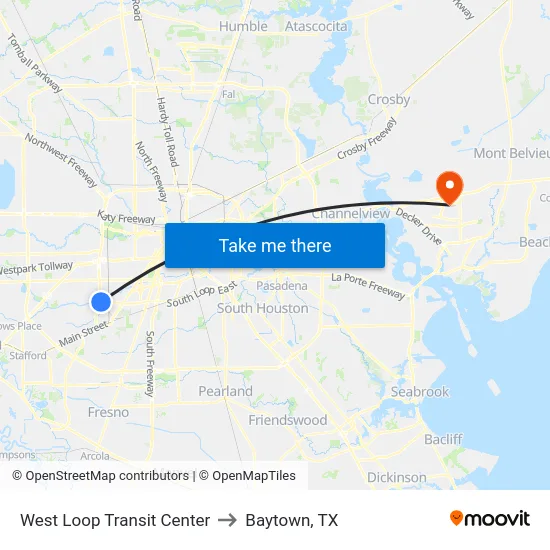 West Loop Transit Center to Baytown, TX map