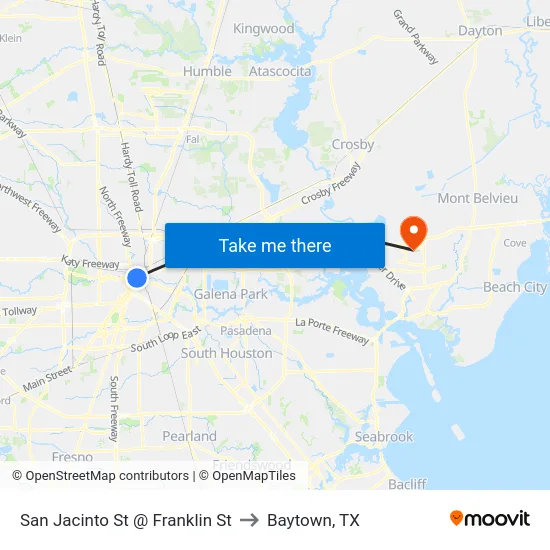 San Jacinto St @ Franklin St to Baytown, TX map