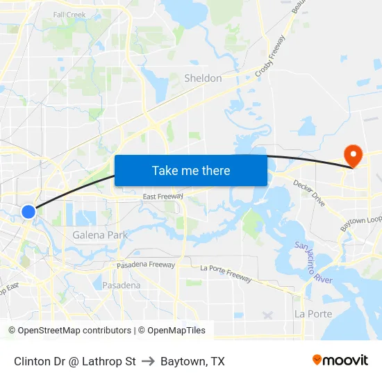 Clinton Dr @ Lathrop St to Baytown, TX map
