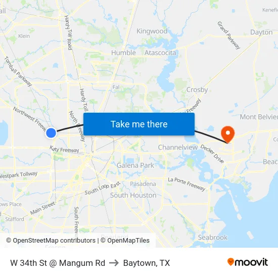 W 34th St @ Mangum Rd to Baytown, TX map