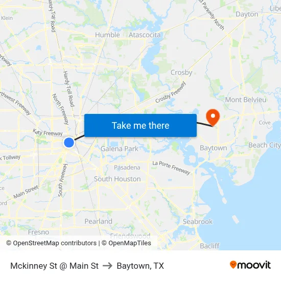 Mckinney St @ Main St to Baytown, TX map