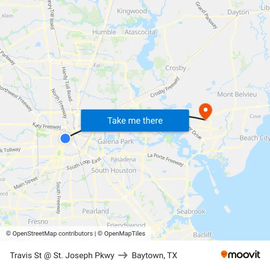 Travis St @ St. Joseph Pkwy to Baytown, TX map