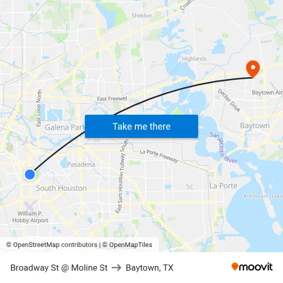 Broadway St @ Moline St to Baytown, TX map
