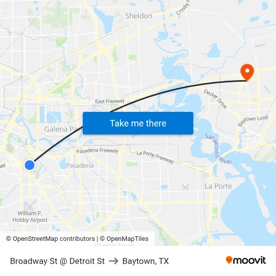 Broadway St @ Detroit St to Baytown, TX map