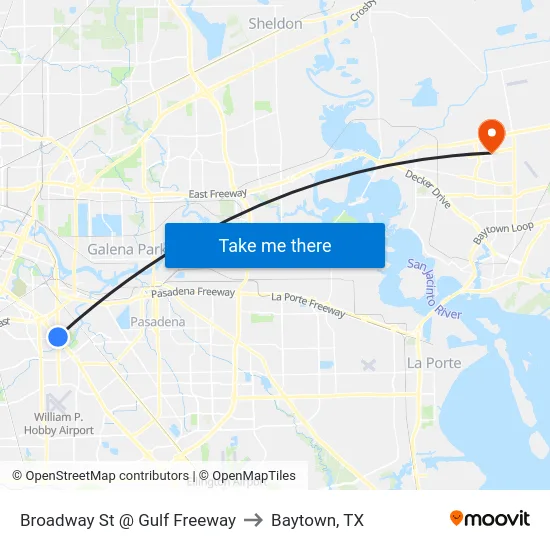 Broadway St @ Gulf Freeway to Baytown, TX map