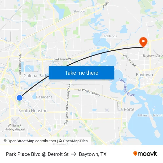Park Place Blvd @ Detroit St to Baytown, TX map