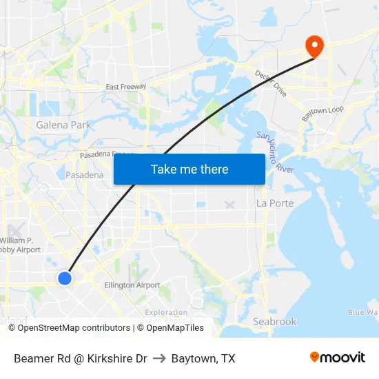 Beamer Rd @ Kirkshire Dr to Baytown, TX map