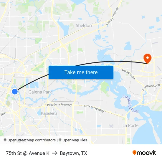 75th St @ Avenue K to Baytown, TX map