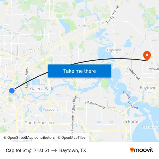 Capitol St @ 71st St to Baytown, TX map