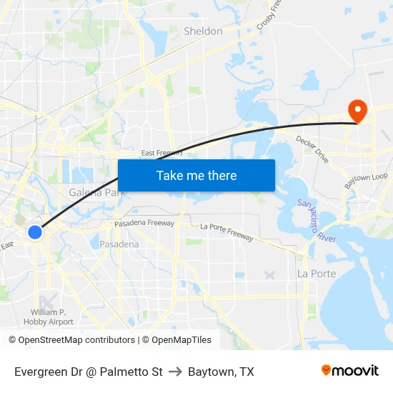 Evergreen Dr @ Palmetto St to Baytown, TX map