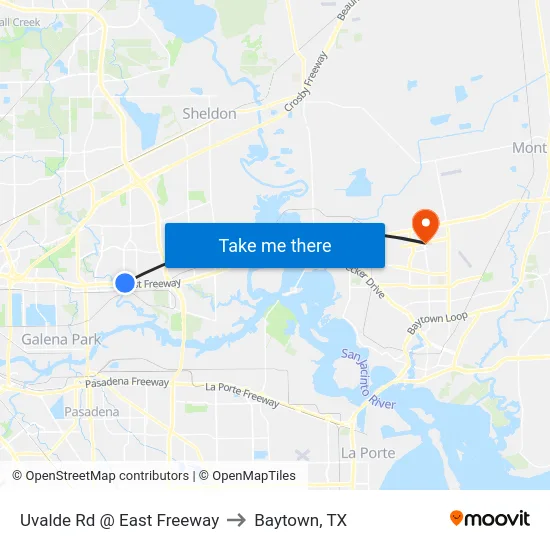 Uvalde Rd @ East Freeway to Baytown, TX map