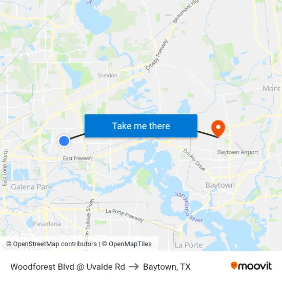 Woodforest Blvd @ Uvalde Rd to Baytown, TX map