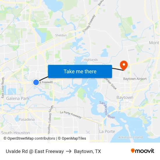 Uvalde Rd @ East Freeway to Baytown, TX map