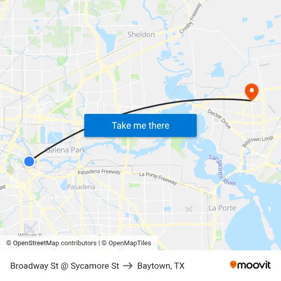 Broadway St @ Sycamore St to Baytown, TX map