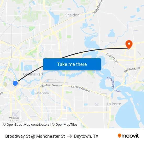 Broadway St @ Manchester St to Baytown, TX map