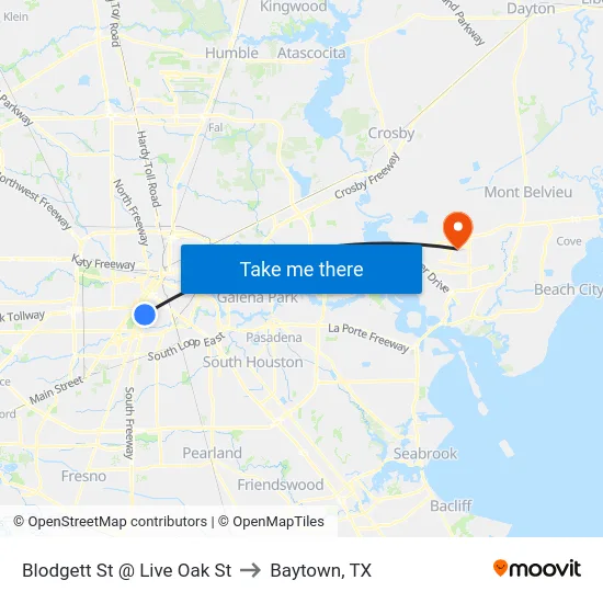Blodgett St @ Live Oak St to Baytown, TX map