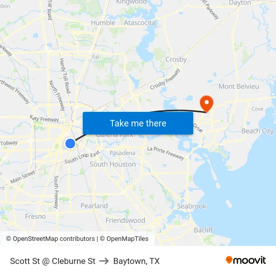 Scott St @ Cleburne St to Baytown, TX map