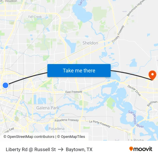 Liberty Rd @ Russell St to Baytown, TX map
