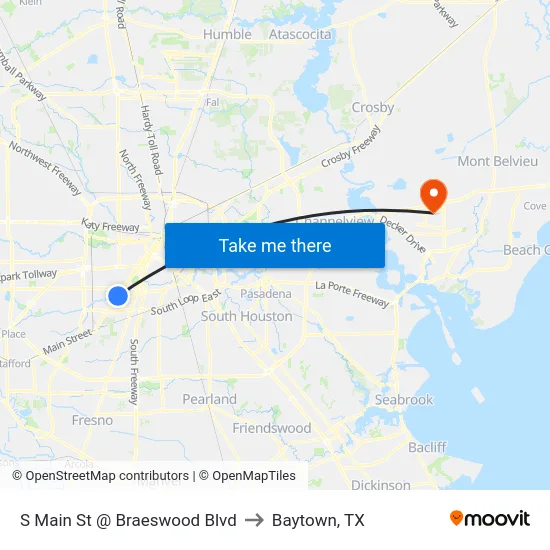 S Main St @ Braeswood Blvd to Baytown, TX map