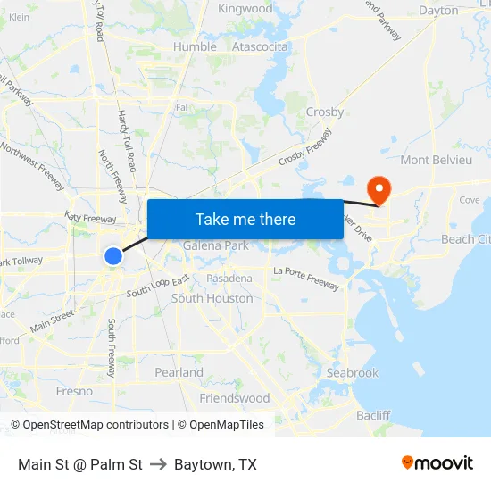 Main St @ Palm St to Baytown, TX map