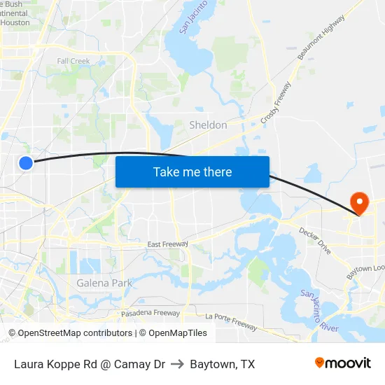 Laura Koppe Rd @ Camay Dr to Baytown, TX map