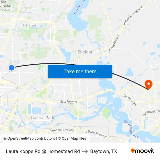 Laura Koppe Rd @ Homestead Rd to Baytown, TX map