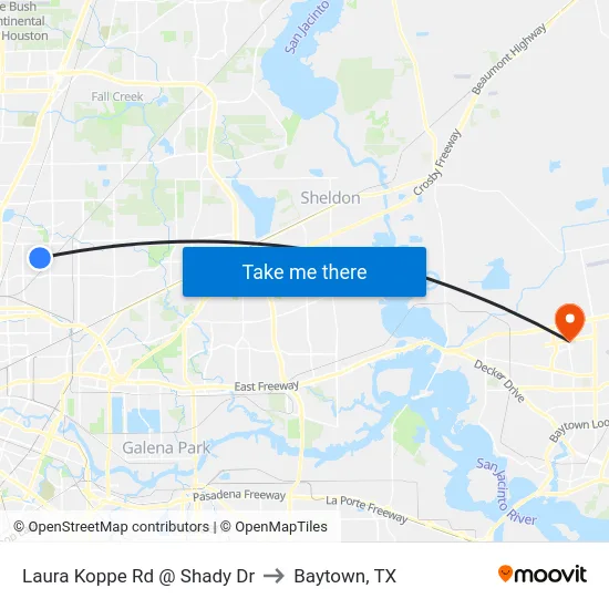 Laura Koppe Rd @ Shady Dr to Baytown, TX map