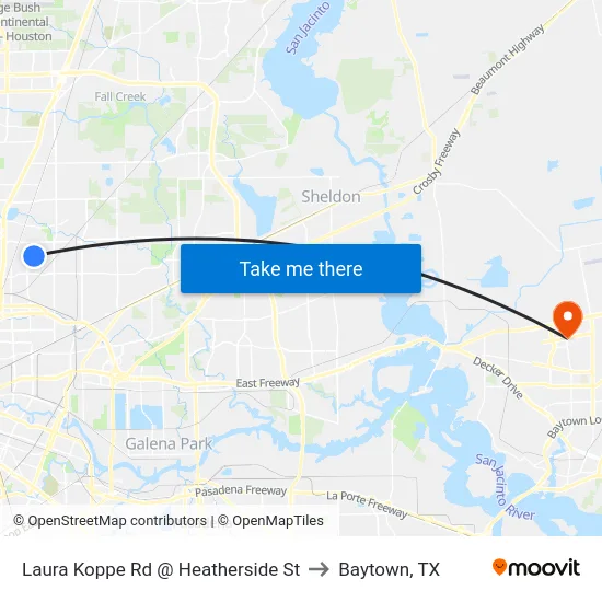 Laura Koppe Rd @ Heatherside St to Baytown, TX map