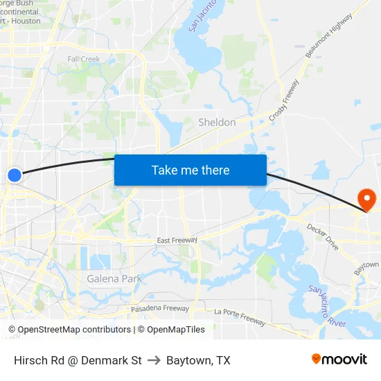 Hirsch Rd @ Denmark St to Baytown, TX map