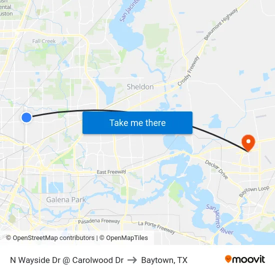 N Wayside Dr @ Carolwood Dr to Baytown, TX map