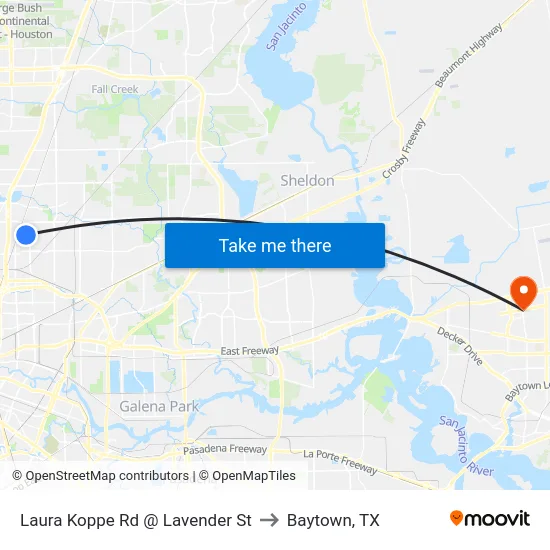 Laura Koppe Rd @ Lavender St to Baytown, TX map