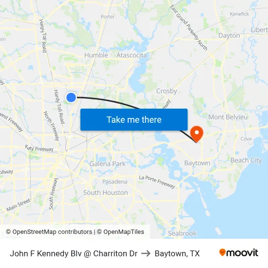 John F Kennedy Blv @ Charriton Dr to Baytown, TX map