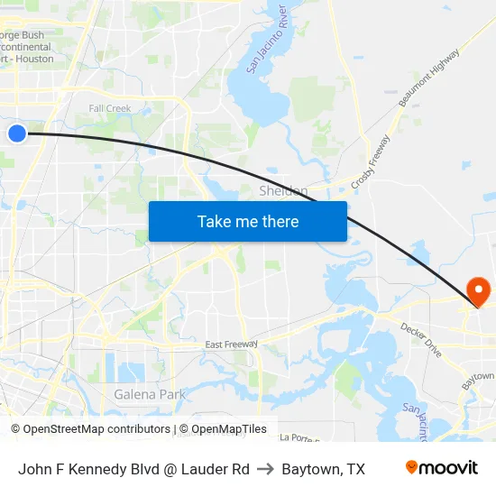 John F Kennedy Blvd @ Lauder Rd to Baytown, TX map