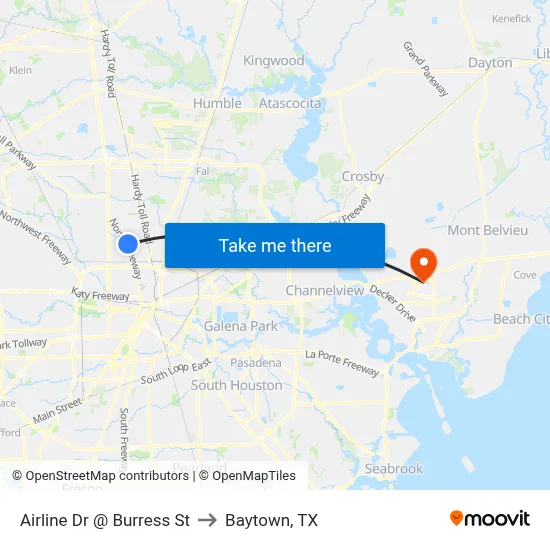 Airline Dr @ Burress St to Baytown, TX map