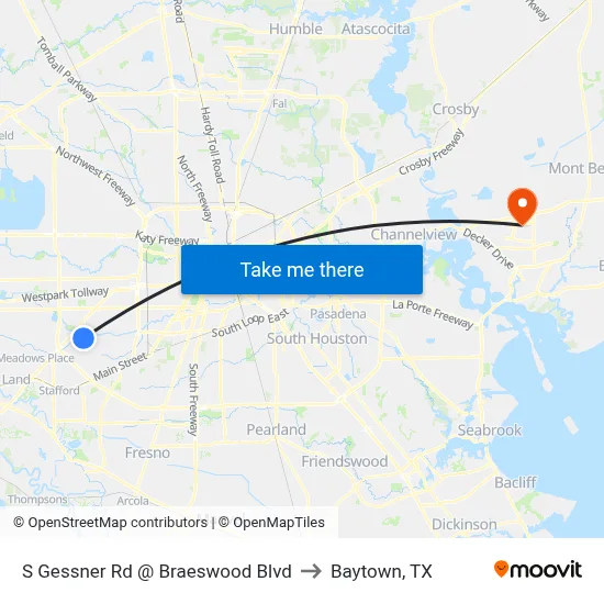 S Gessner Rd @ Braeswood Blvd to Baytown, TX map