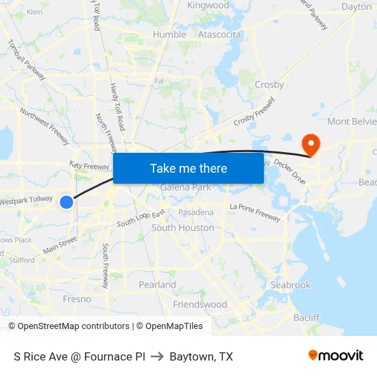 S Rice Ave @ Fournace Pl to Baytown, TX map