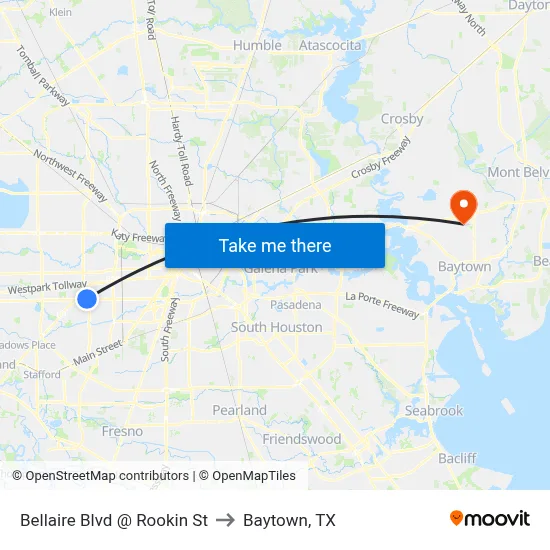 Bellaire Blvd @ Rookin St to Baytown, TX map