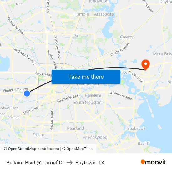 Bellaire Blvd @ Tarnef Dr to Baytown, TX map