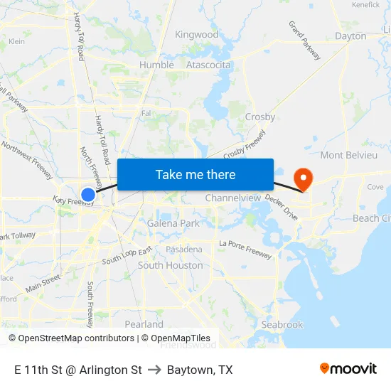 E 11th St @ Arlington St to Baytown, TX map