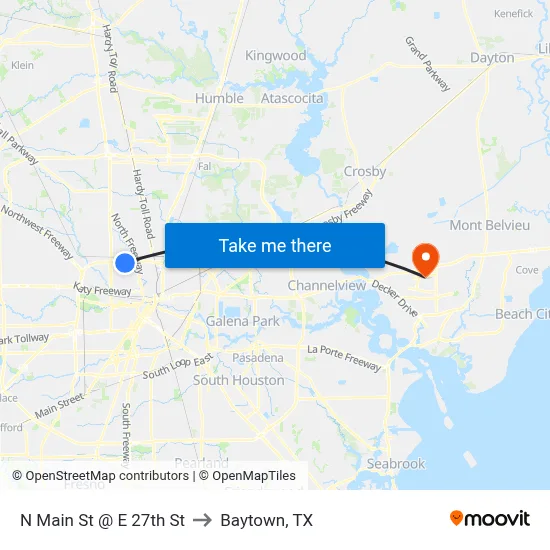 N Main St @ E 27th St to Baytown, TX map