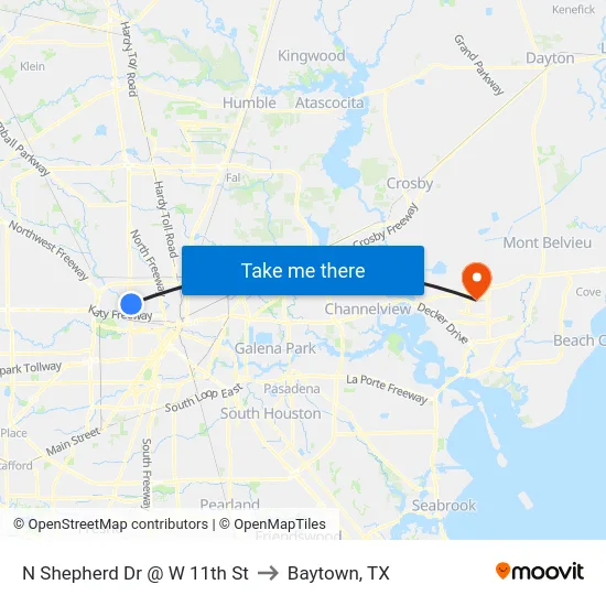 N Shepherd Dr @ W 11th St to Baytown, TX map