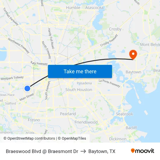 Braeswood Blvd @ Braesmont Dr to Baytown, TX map