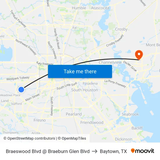 Braeswood Blvd @ Braeburn Glen Blvd to Baytown, TX map