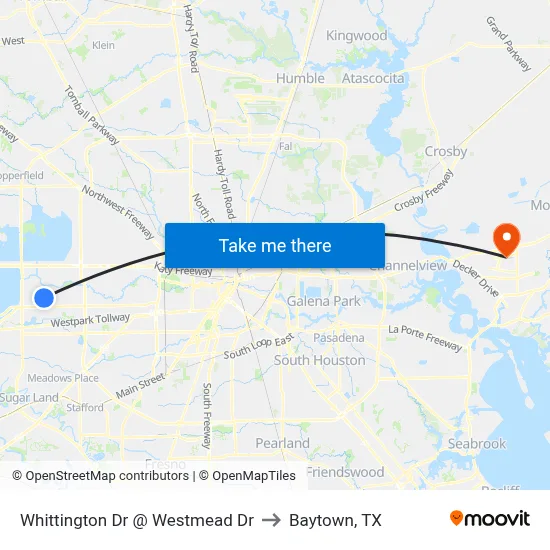 Whittington Dr @ Westmead Dr to Baytown, TX map