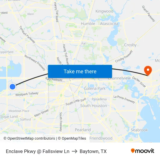 Enclave Pkwy @ Fallsview Ln to Baytown, TX map