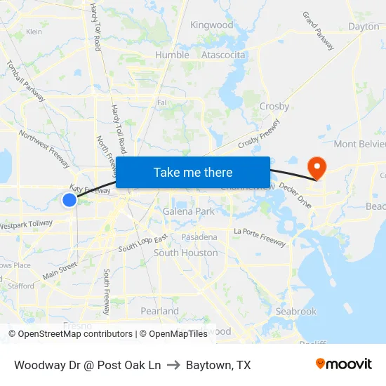 Woodway  Dr @ Post Oak Ln to Baytown, TX map