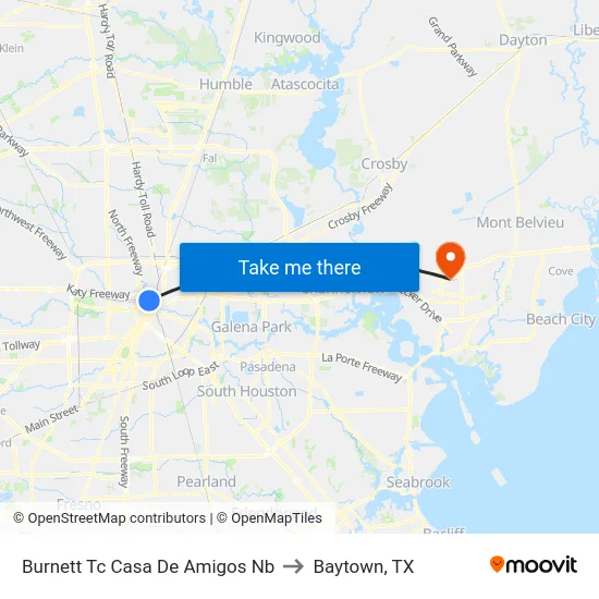 Burnett Tc Casa De Amigos Nb to Baytown, TX map
