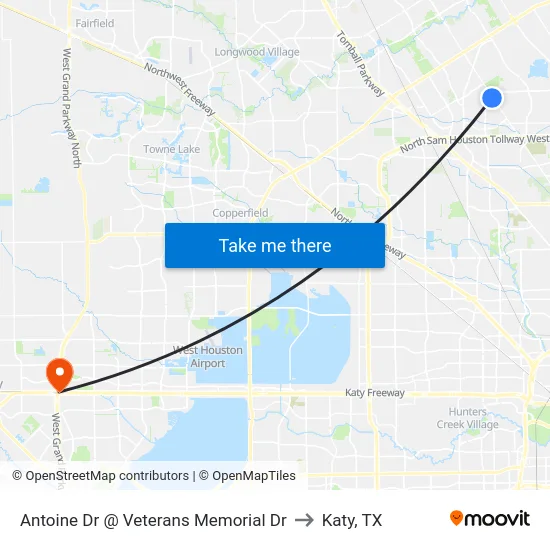 Antoine Dr @ Veterans Memorial Dr to Katy, TX map