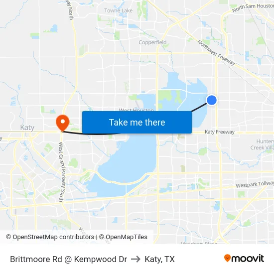 Brittmoore Rd @ Kempwood Dr to Katy, TX map