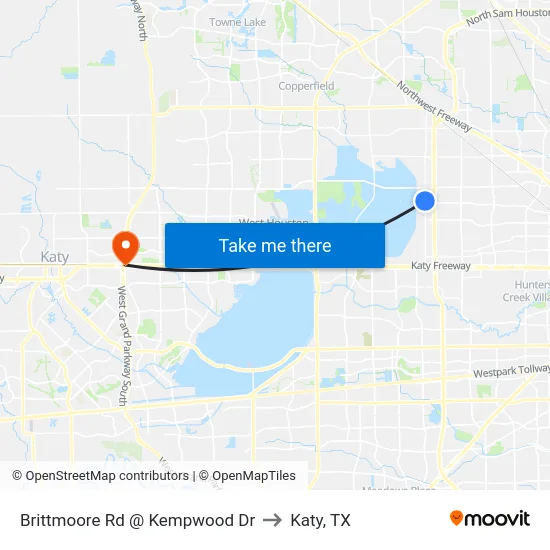 Brittmoore Rd @ Kempwood Dr to Katy, TX map